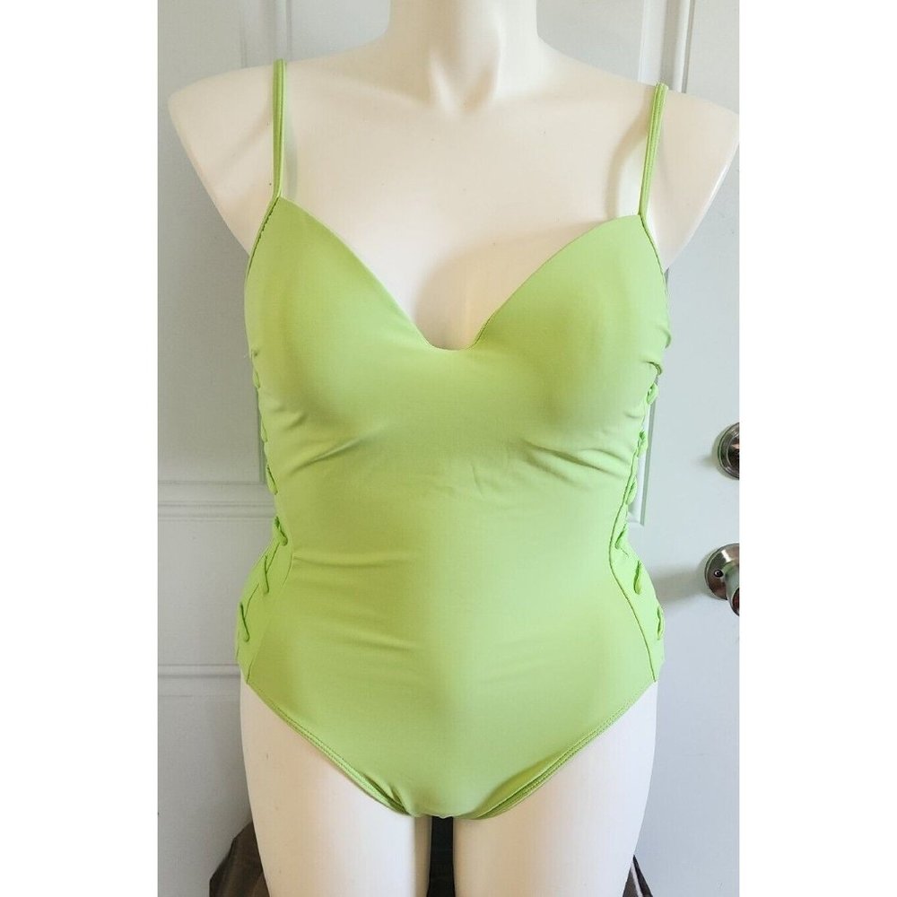 90’s Vintage Newport News Retro Style One Piece Swimsuit Neon Lime Green Size 12